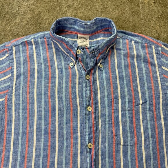 Brooks Brothers Linen Shirt Men M Blue Red Striped Regent Short Sleeve - Picture 1 of 11